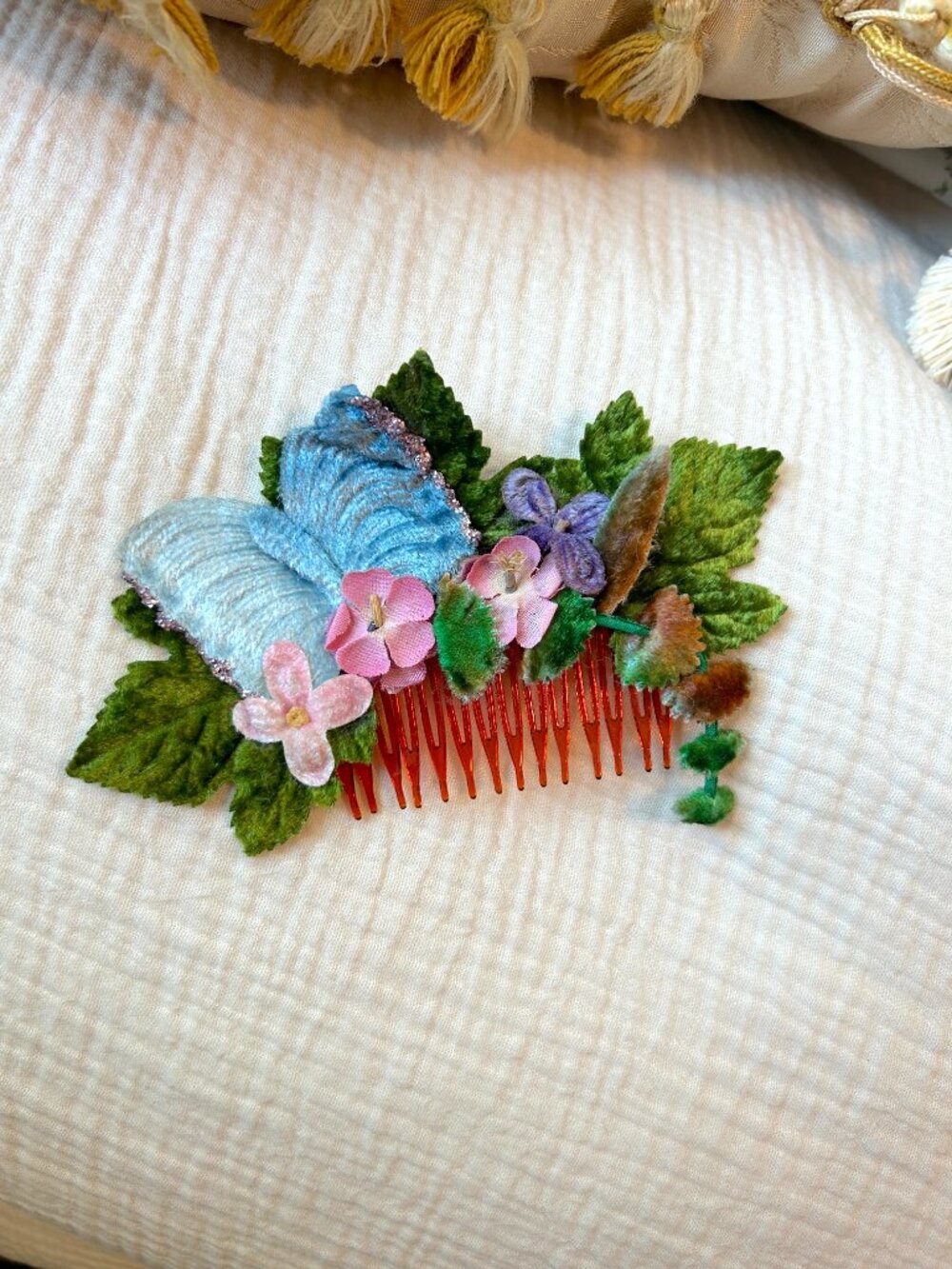 Vintage 1950s Faux Flower Hair Comb, Butterfly, Bridal Fascinator, Fairy Retro